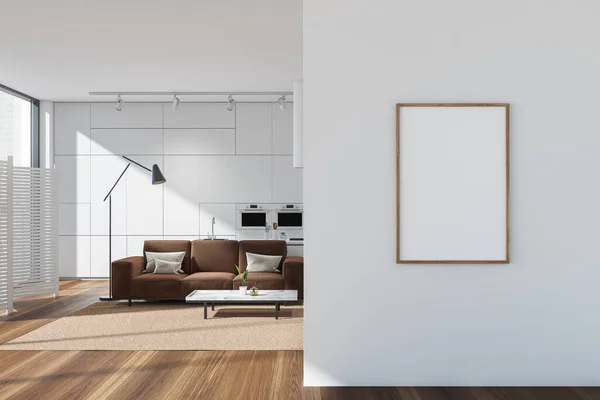 Frame Mockup White Wall Living Space Left Kitchen Brown Couch — Stock Photo, Image