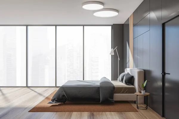 Schwarze Schlafzimmerausstattung Bettwäsche Und Kissen Seitenblick Teppich Und Parkettboden Panoramafenster — Stockfoto