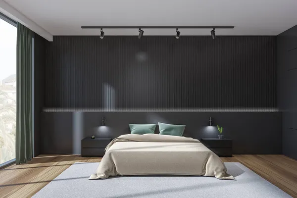 Interior Del Dormitorio Negro Cama Familiar Con Almohadas Vista Frontal — Foto de Stock