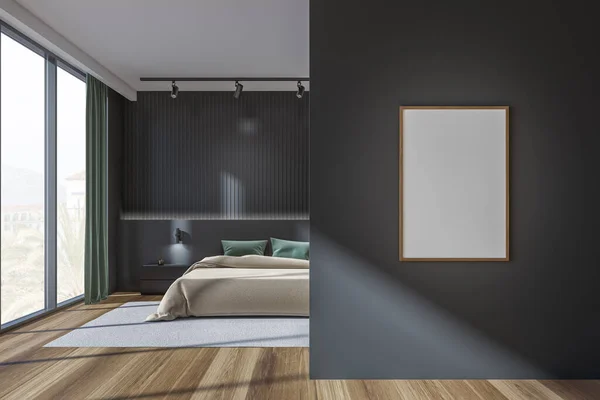 Dunkles Schlafzimmer Mit Leerem Weißen Poster Panoramafenster Großem Bett Nachttisch — Stockfoto
