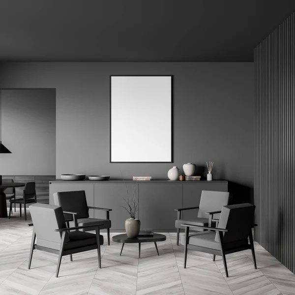 Dark dining room interior with empty white poster, four armchairs, coffee table, lamp and oak wooden parquet floor. Concept of minimalist design for chill and meeting. Mock up. 3d rendering