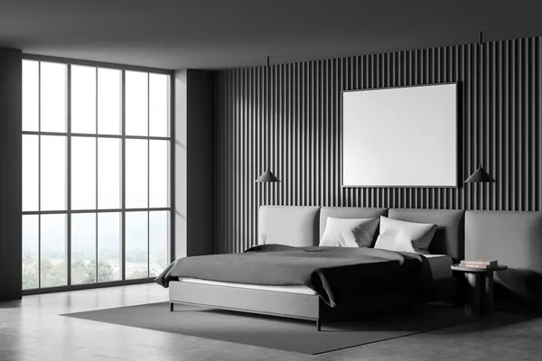 Puste Poziome Płótno Panoramicznym Szarym Wnętrzu Sypialni Panelami Ściennymi Łóżkiem — Zdjęcie stockowe