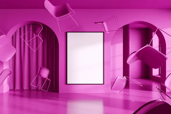 Světlý Interiér Jídelny Vznášejí Vzduchu Židle Růžová Betonová Podlaha Závěsy — Stock fotografie