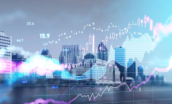 Veranderingen Aandelenmarkt Staafdiagram Dubbele Belichting Met Wolkenkrabbers New York Groeiende — Stockfoto