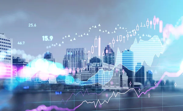 Veränderungen Aktienmarkt Balkendiagramm Doppelbelichtung Mit Dem Bau Von Wolkenkratzern New — Stockfoto