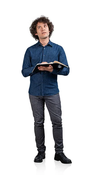 Homme Bureau Pleine Longueur Jeans Vêtements Regard Cher Journal Dans — Photo