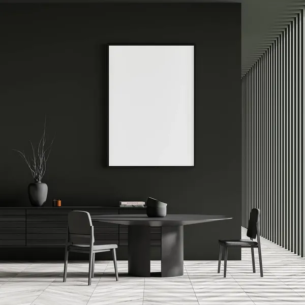 Dark dining room interior with empty white poster, two chairs, table, arch and oak wooden parquet floor. Concept of minimalist design for chill and meeting. Mock up. 3d rendering