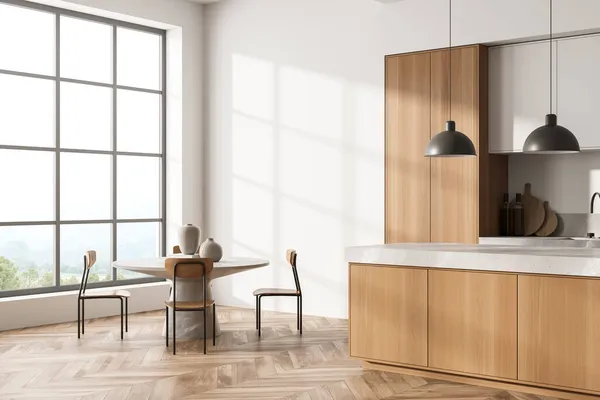木のキッチンルームのインテリアは テーブルと4席の寄木細工の床 サイドビュー 田舎の窓に テーブル シンク 木製の棚付きの調理室 3Dレンダリング — ストック写真