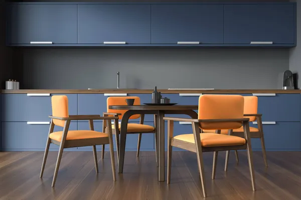 Blue Grey Kitchen Interior Orange Chairs Surrounding Dining Table Dark — Stock Photo, Image