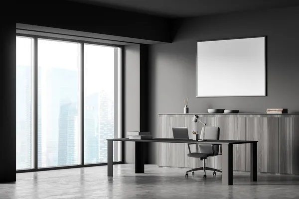 Grey Office Room Interior Armchair Desk Computer Side View Window — Stock Photo, Image