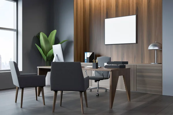 Büromöbel Aus Holz Mit Sesseln Und Schreibtisch Mit Schublade Mit — Stockfoto