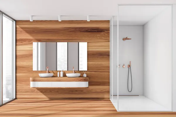 Interior Banheiro Brilhante Com Chuveiro Duas Pias Espelho Piso Madeira — Fotografia de Stock