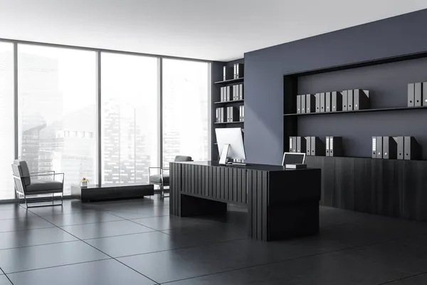 Dark office room interior with panoramic window, desktop, bookshelf with folders, comfortable armchair, desk and concrete floor. Perfect place for working process. Minimalist design. 3d rendering