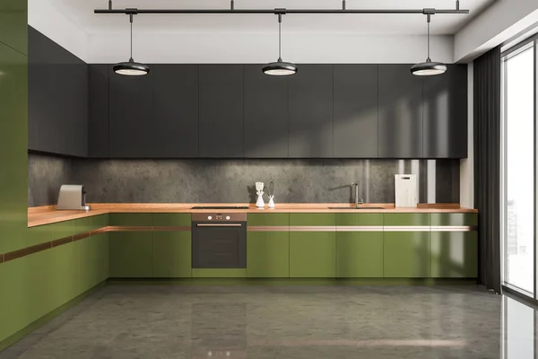 采购产品绿色和灰色的烹饪内部与桌子 水池和烤箱 厨房用具和器具 灰色混凝土地板上的豪华厨房 3D渲染 — 图库照片
