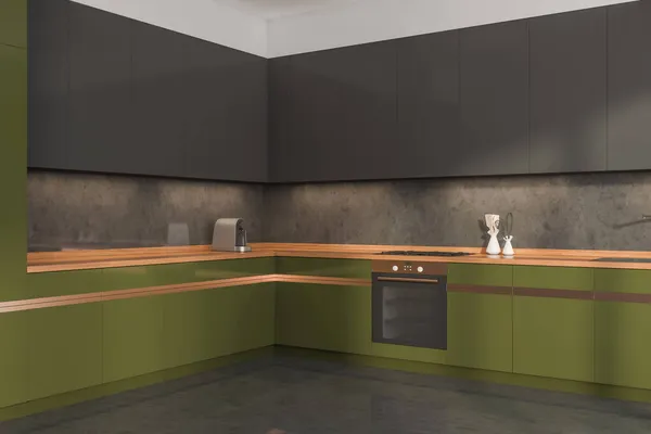 Zelený Černý Rohový Kuchyňský Interiér Stolem Troubou Nádobím Kávovarem Luxusní — Stock fotografie