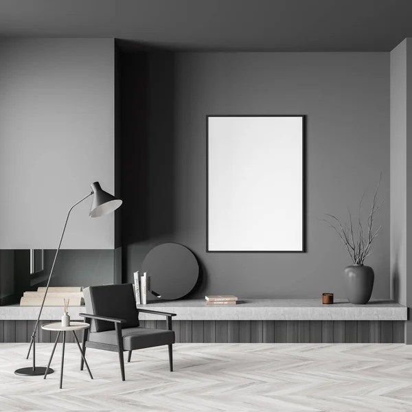 スタイリッシュな暖炉 シングルアームチェア コーヒーテーブルと寄木細工の床の床灯とグレーのリビングルームのインテリアでモックアップフレーム 現代の家のデザインの概念 3Dレンダリング — ストック写真