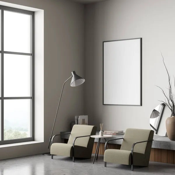 Mockup Gestell Hellbeige Wohnzimmereinrichtung Mit Zwei Dunkelgrünen Sesseln Lampe Couchtisch — Stockfoto