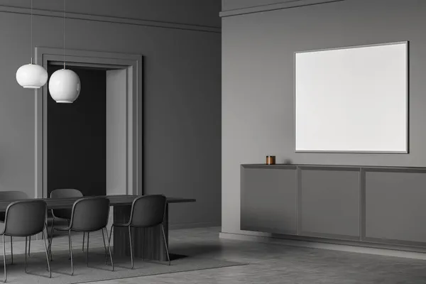 Dark dining room interior with empty white poster, five chairs, table, sofa, arch, carpet, crockery and concrete floor. Concept of minimalist design for chill. Mock up. 3d rendering