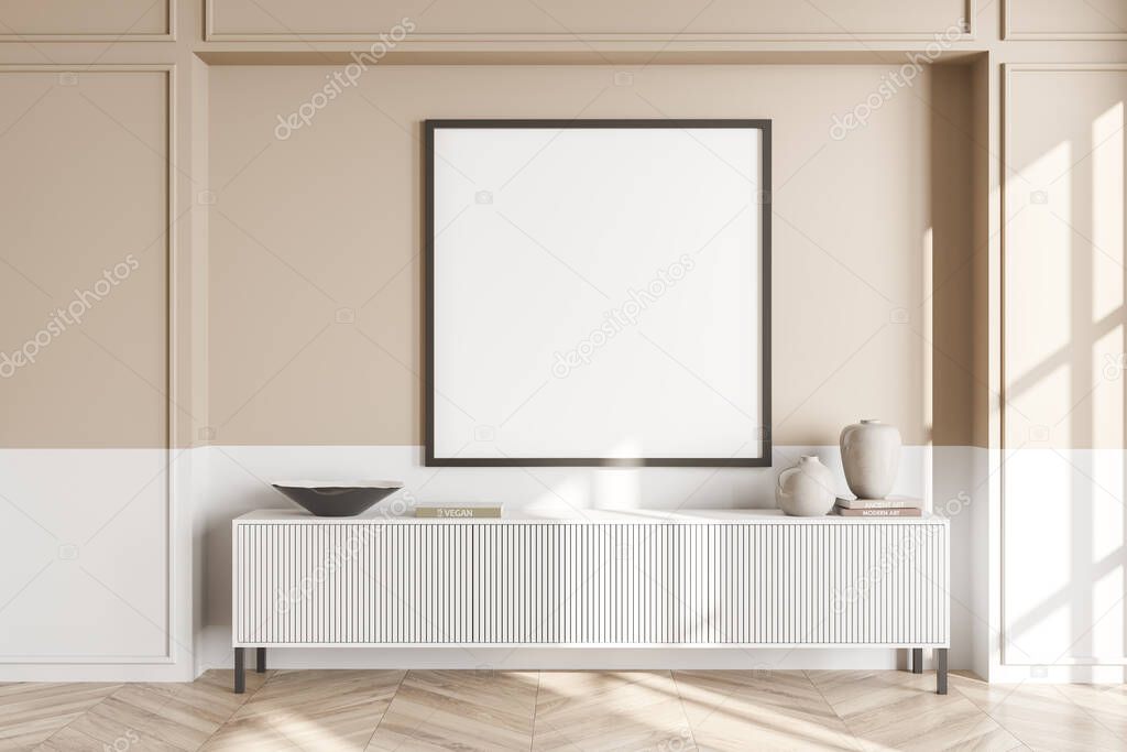 Empty square frame on beige living room wall with white basement and sideboard. Parquet floor. Concept of modern interior design. Mock up. 3d rendering