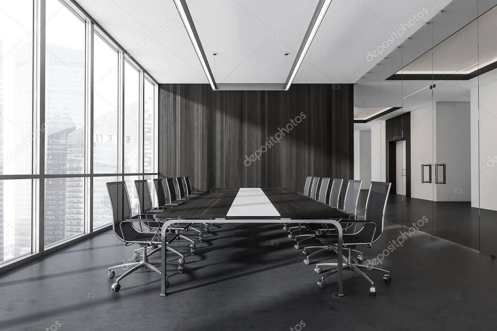 Dark meeting room interior with black armchairs on concrete floor. Office minimalist furniture and corridor in business centre, Singapore skyscrapers, 3D rendering