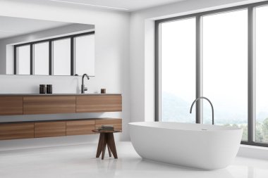 Işıl ışıl banyo içini küvet, panoramik pencere, beton zemin, beyaz duvarlar, ayna, lavabo ve büfe ile kapatın. Hijyenik ve spa prosedürleri kavramı. 3d oluşturma