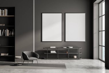 İçi boş beyaz posterler, panoramik pencereler, kanepe, kitaplıklar, halı ve beton zemin ile dolu karanlık bir oturma odası. Minimalist tasarım kavramı. Buluşma için rahat bir yer. Model yap. 3d oluşturma