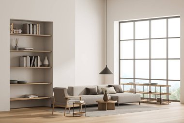 Geniş koltuğu, koltuğu, panoramik penceresi, kitaplığı, halısı ve meşe ağacından zemini olan parlak bir oturma odası. Minimalist tasarım kavramı. Buluşma için rahat bir yer. 3d oluşturma