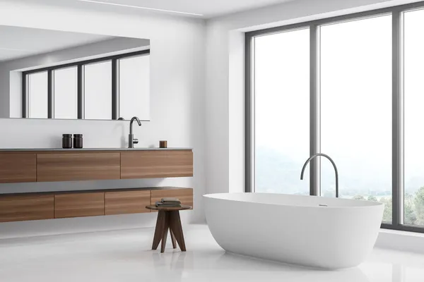 Işıl Işıl Banyo Içini Küvet Panoramik Pencere Beton Zemin Beyaz — Stok fotoğraf
