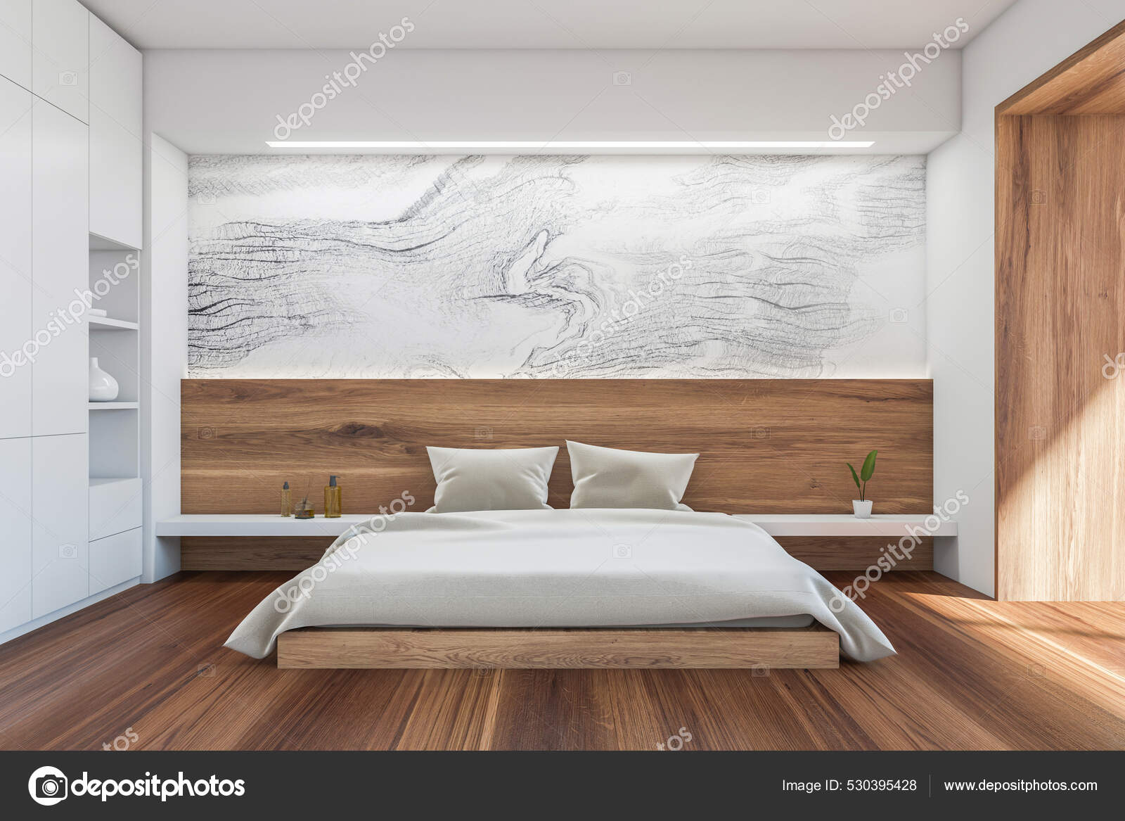 Bright Bedroom Interior White Marble Wall Large Bed Bedside