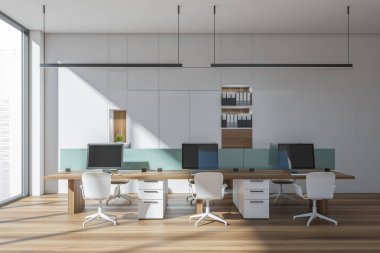 Doğrusal ışıkları ve yeşil detayları olan modern beyaz ofis. İç dizayn, birleşik masa kullanımı, minimalist raf ve ahşap görünümlü zemin. İş yeri kavramı. 3d oluşturma