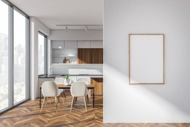 Beyaz koltuklu hafif yemek odası, beyaz mutfak seti ve masa, parke zemin, şehir manzaralı pencere. Boşluk çerçeve menüsünü kopyala, 3B görüntüleme