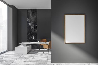 Duvarda ve ofis masasında gri fayanslı zemin ve arka planda mermer detaylar olan koridor. Modern iç tasarım kavramı. 3d oluşturma