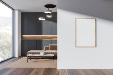 Açık kahverengi ve gri oturma odası kanepesi, uygun raf, siyah çerçeve ışığı, panoramik manzara, beyaz duvarlar ve ahşap zemin. Modern iç tasarım kavramı. 3d oluşturma