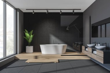 Siyah banyo içi, aynalı iki lavabo, tahta kürsüde küvet. Kırsal kesimde fayanslı zemini ve penceresi olan modern banyo, 3 boyutlu.