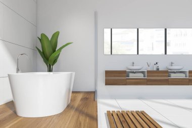 Banyonun içi aydınlık, aynalı iki lavabo ve havlulu raflar, tahta kürsüde küvet, yan görüş. Döşemesi fayansla döşenmiş modern banyo, 3 boyutlu.
