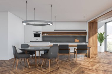 Yemek masasının üzerinde yuvarlak avize, doğrusal ışık, iki koltuk ve parke zeminli kahvaltı barı olan gri ve beyaz mutfak. Modern tasarım kavramı. 3d oluşturma