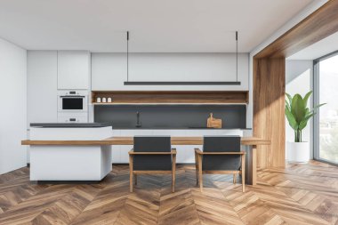 Kahvaltı masasının üzerinde doğrusal ışık, iki koltuk ve parke zemin olan minimalist beyaz ve gri mutfak odası. Modern tasarım kavramı. 3d oluşturma