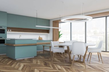 Yemek masasının üzerinde yuvarlak avize, doğrusal ışık, kahvaltı barı, iki koltuk ve parke zemini olan yeşil ve beyaz mutfak manzarası. Modern tasarım kavramı. 3d oluşturma