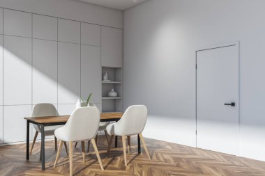 Beyaz yemek odasının iç manzarası bej koltuklar, minimalist dolap, ahşap masa, kapı ve parke zemin. Modern ev tasarımı kavramı. 3d oluşturma