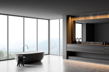 Koyu banyo manzarası, banyo küveti, beton zemin kırsal manzaralı panoramik pencere, ayna ve havlular. Hijyenik ve spa prosedürleri kavramı. 3d oluşturma