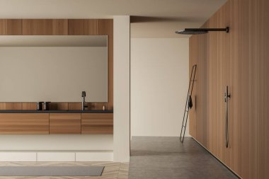 Duş, meşe ağacından parke ve beton zemin, ayna, lavabo, halı ve havlularla dolu parlak bir banyo. Hijyenik ve spa prosedürleri kavramı. 3d oluşturma