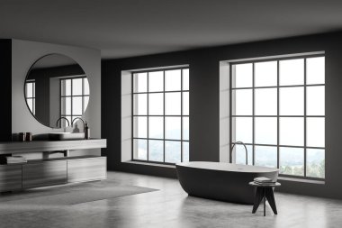 Gri banyo içi, yuvarlak aynayla batmak, aksesuarlarla asılmak, masa ve panoramik kırsal manzaralı küvet. Minimalist tasarımı olan modern banyo, 3 boyutlu görüntüleme