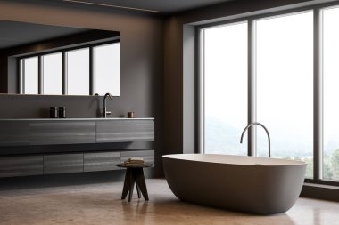 Karanlık banyo içini küvet, panoramik pencere, beton zemin, siyah duvarlar, ayna, lavabo ve büfe ile kapatın. Hijyenik ve spa prosedürleri kavramı. 3d oluşturma
