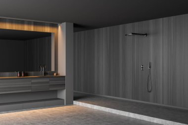 Duş, beton zemin, ayna, lavabo ve havlularla karanlık banyo manzarası. Hijyenik ve spa prosedürleri kavramı. 3d oluşturma