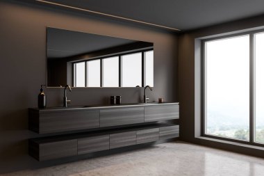 Panoramik banyo alanı ahşap kaplamalı, iki lavabosu var, ayna ve koyu gri duvarlar. Beton zemin. Köşe manzarası. Modern ev tasarımı kavramı. 3d oluşturma