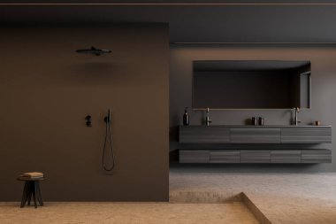 İçi koyu gri duş odası ahşap kaplama, ayna ve dışkıyla birlikte açık kamara. Beton zemin. Modern minimalist banyo tasarımı kavramı. 3d oluşturma