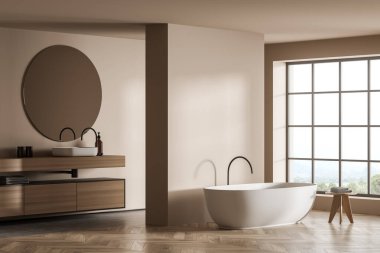 Manzara manzaralı modern bej banyo tasarımı, minimalist tasarım, tabure, boş duvar, küvet, açık raf kibri, modern yuvarlak ayna ve parke tarzı zemin kullanımı. Spa oteli kavramı. 3d oluşturma