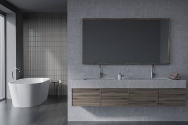 Karanlık banyo içi, aynalı iki lavabo, aksesuarlı ve havlulu beton askı, ahşap zeminde masalı küvet. Minimalist tasarımı olan modern banyo, 3 boyutlu görüntüleme