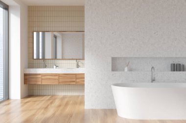Wooden bathing room interior with white tub and rack in concrete wall with accessories, sink and mirror on background. Parquet floor and window. 3D rendering clipart