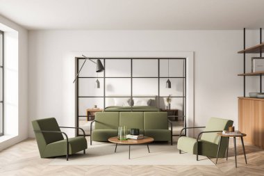 Açık renk oturma odası, iki yeşil koltuk ve halı üzerinde kanepe, halı ve parke zemin süslemeli kahve masası. Cam kapılar ardında uyuyan bir yatak. 3B görüntüleme